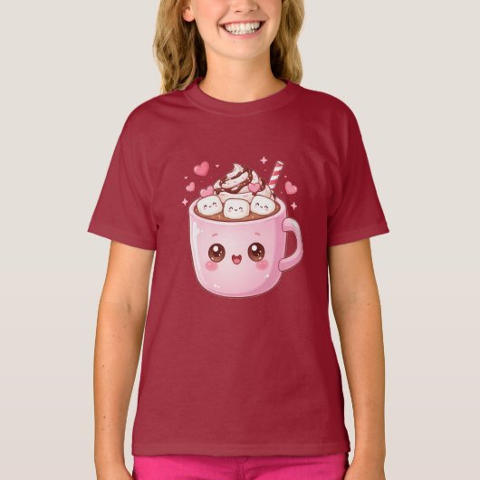 Cute Kawaii Hot Chocolate Mug with Marshmallows T-shirt (Voorkant)