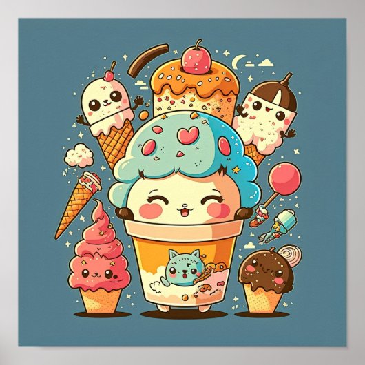 Cute kawaii ice roomvectorillustratie cartoon. poster (Voorkant)