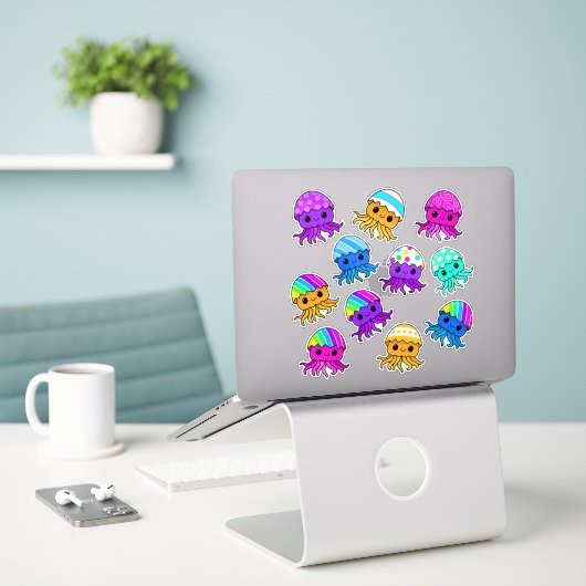 Cute Kawaii Jellyfish, Easter Egg, Sticker Sheet (Laptop op bureau)