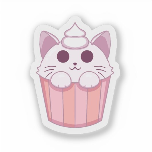 Cute Kawaii Kat Cupcake Roze Sticker (Voorkant)