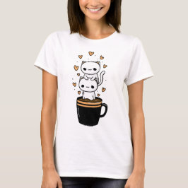 Cute Kawaii Kat Drinkende Koffiemok Hartjes T-Shir T-shirt
