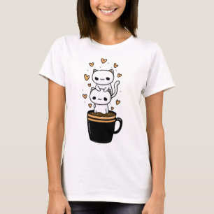 Cute Kawaii Kat Drinkt Koffie Mok Harten T-Shirt