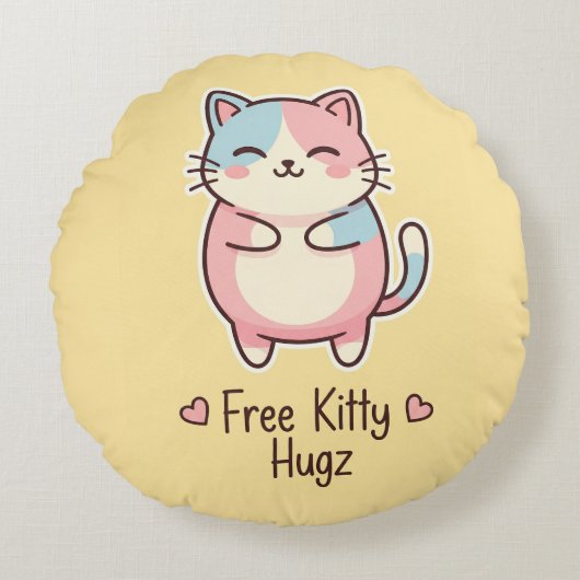 Cute Kawaii Kat Gratis Pupp Hugz Pastel Ronde Kuss Rond Kussen (Voorkant)