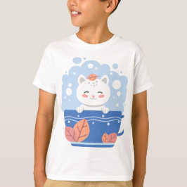 Cute Kawaii Kat in een Blauwe Theekop Jongens T-Sh T-shirt