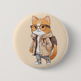 Cute Kawaii Kat in Stijlvolle Outfit Ronde Button 5,7 Cm