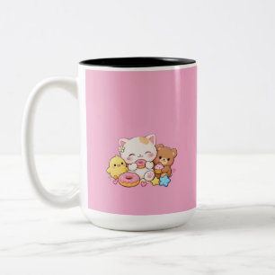 Cute Kawaii Kat, Kuiken & Teddybeer Pastel Donut D Tweekleurige Koffiemok
