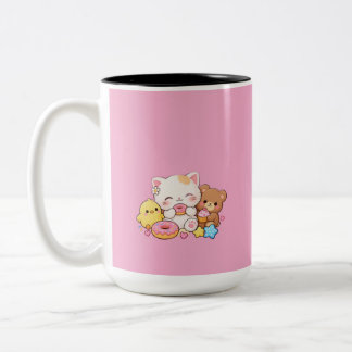 Cute Kawaii Kat, Kuiken & Teddybeer Pastel Donut D Tweekleurige Koffiemok
