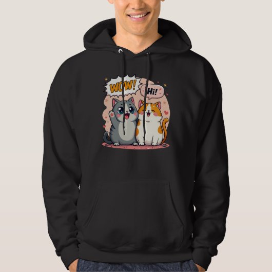 Cute Kawaii Katten Comic Zegt Wow en Hi Pullover (Voorkant)