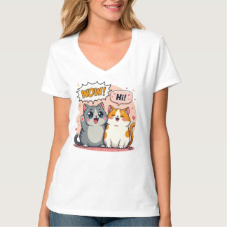 Cute Kawaii Katten Comic Zegt Wow en Hi V-Neck T- T-shirt