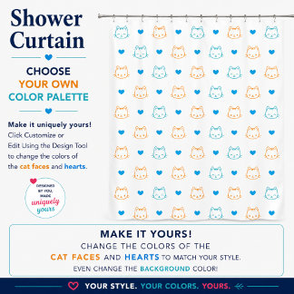 Cute Kawaii Kattengezichtjes en Harten Blauw Oranj Douchegordijn