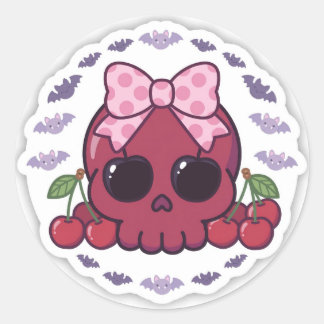 Cute Kawaii Kersen Schedel Ronde Stickers | Roze S