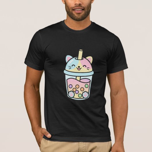Cute Kawaii Kitten Bubble Tea Cup Lachend Pastel I T-shirt (Voorkant)
