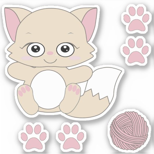 Cute Kawaii Kitten en Paw Prints Sticker (Voorkant)
