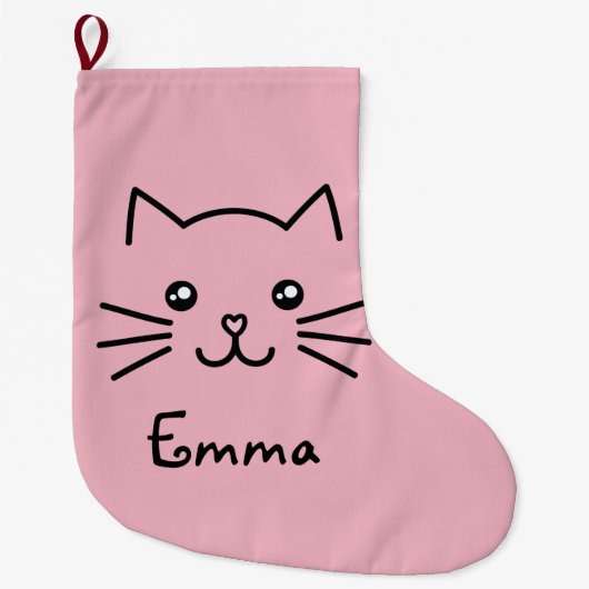 Cute Kawaii Kitten Kat Face met roze hartslag Grote Kerstsok (Voorkant)