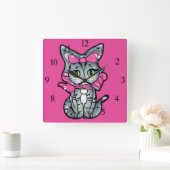 Cute Kawaii Kitten met een glitter roze achtergron Vierkante Klok (Huis)