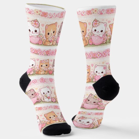 Cute Kawaii Kittens Pastel Floral Sokken (Gebogen)