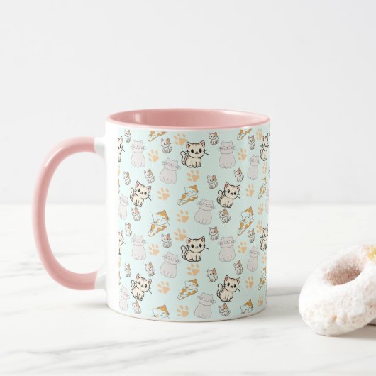 Cute Kawaii Kittens & Paws Pattern Koffiekop  Mok (Met donut)