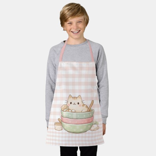 Cute Kawaii Kitty Cat Baking Pastel Gingham Pink Schort (Gedragen)