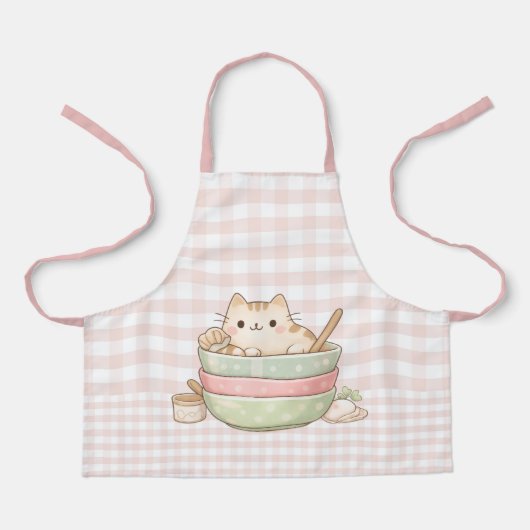 Cute Kawaii Kitty Cat Baking Pastel Gingham Pink Schort (Voorkant)