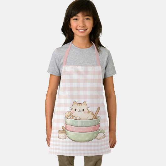Cute Kawaii Kitty Cat Baking Pastel Gingham Pink Schort (Insitu)