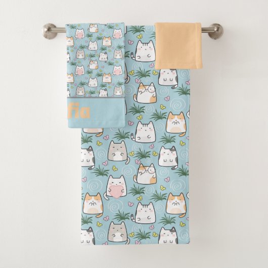 Cute kawaii kitty pattern yellow blue name bad handdoek (Insitu)