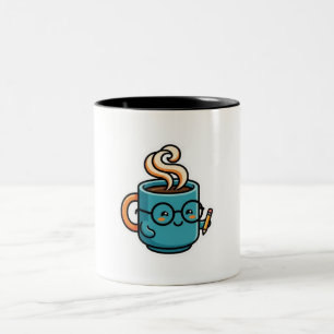 Cute Kawaii Koffiekop Draagt Lezende BrilSticker Tweekleurige Koffiemok