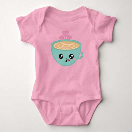 Cute Kawaii Koffiekop met Hart Stoom Kunst Romper (Voorkant)