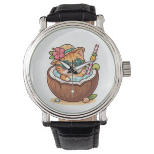 Cute Kawaii Kokosnoot Kat Zonnebril Zomer BSticker Horloge