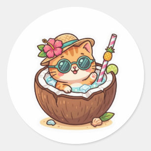 Cute Kawaii Kokosnoot Kat Zonnebril Zomer BSticker Ronde Sticker
