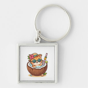 Cute Kawaii Kokosnoot Kat Zonnebril Zomer BSticker Sleutelhanger