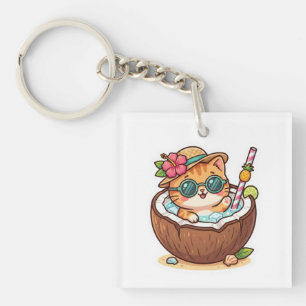 Cute Kawaii Kokosnoot Kat Zonnebril Zomer BSticker Sleutelhanger