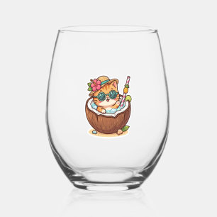 Cute Kawaii Kokosnoot Kat Zonnebril Zomer BSticker Wijnglas Zonder Voet
