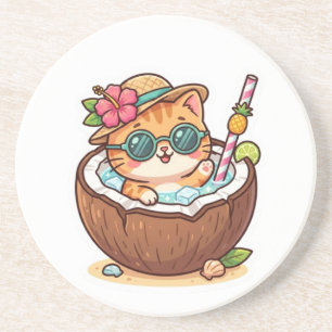 Cute Kawaii Kokosnoot Kat Zonnebril Zomer BSticker Zandsteen Onderzetter