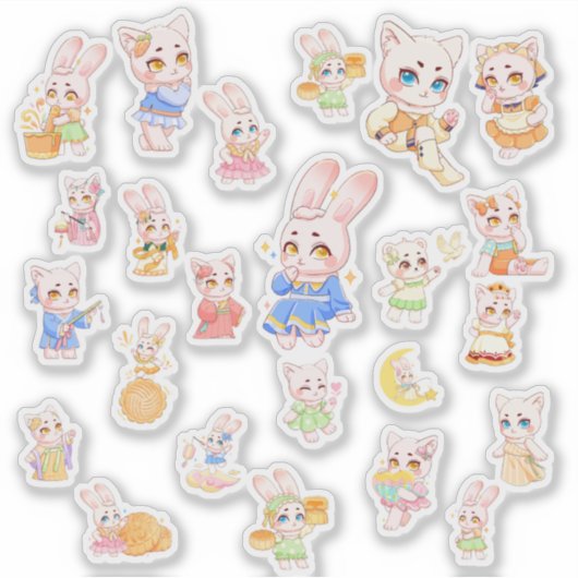 Cute Kawaii Konijn en Kat Stickers (Voorkant)