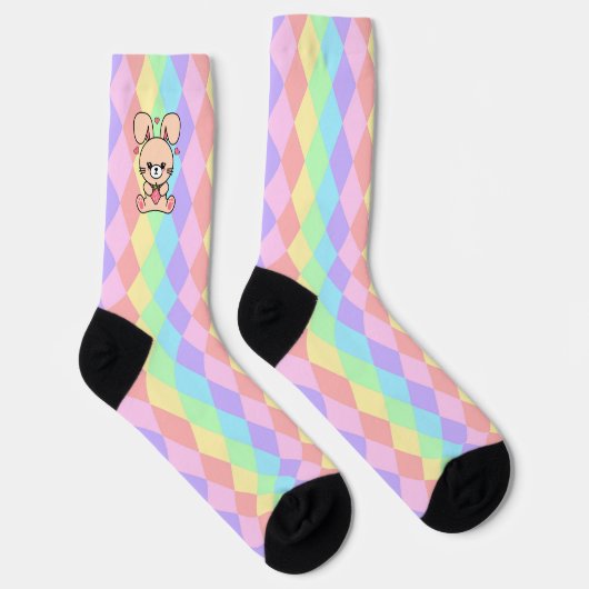 Cute Kawaii Konijn op Pastel Diamanten Sokken (Rechts)