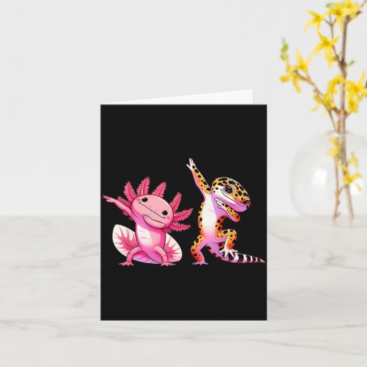 Cute Kawaii Leopard Gecko Dabbing Axolotl Friends Kaart (Gele Bloem)