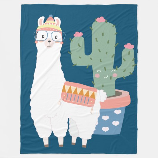 Cute Kawaii Llama en Cactus Illustration Fleece Deken (Voorkant)