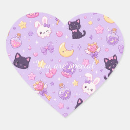 Cute Kawaii Magic Cats Pattern | Pastel Witchy  Hart Sticker