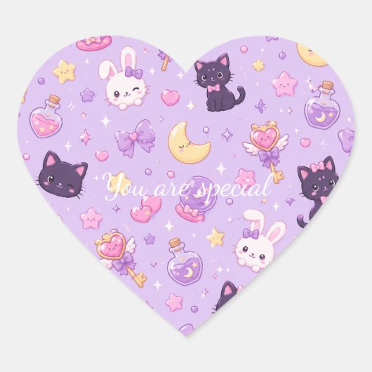 Cute Kawaii Magic Cats Pattern | Pastel Witchy  Hart Sticker (Voorkant)