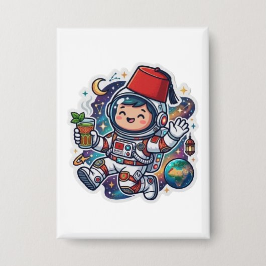 Cute Kawaii Marokkaanse Astronaut Munt Thee FezSti Button (Voorkant)