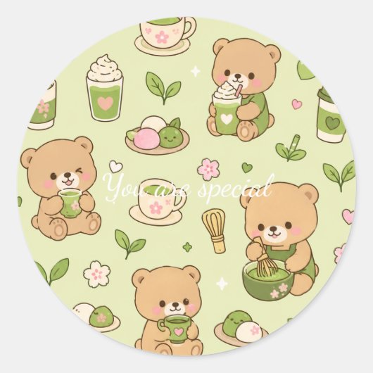Cute Kawaii Matcha Teddy Bear Pattern | Green Tea  Ronde Sticker (Voorkant)