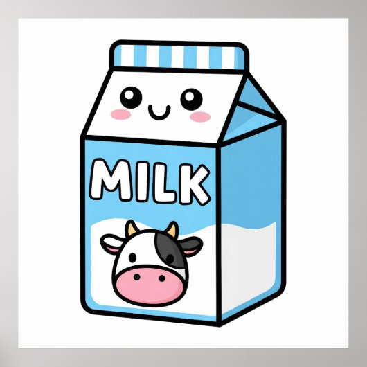 Cute Kawaii Milk Carton Illustration with Cow Icon Poster (Voorkant)