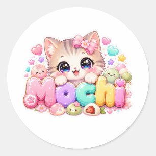 Cute Kawaii Mochi Kat Naam Pastel Roze Glitterend  Ronde Sticker