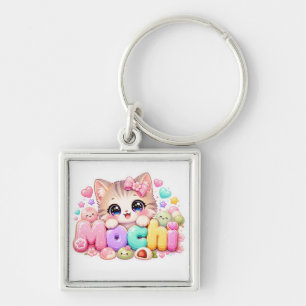 Cute Kawaii Mochi Kat Naam Pastel Roze Glitterend Sleutelhanger