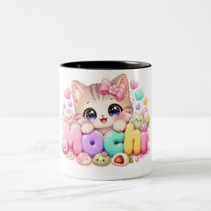 Cute Kawaii Mochi Kat Naam Pastel Roze Glitterend  Tweekleurige Koffiemok