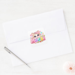 Cute Kawaii Mochi Kat Naam Pastel Roze Glitterend  Vierkante Sticker