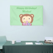 Cute Kawaii Monkey en Flowers Happy Birthday Spandoek (Beurs)