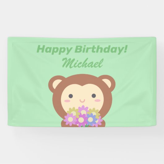 Cute Kawaii Monkey en Flowers Happy Birthday Spandoek (Horizontaal)