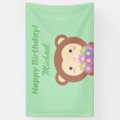 Cute Kawaii Monkey en Flowers Happy Birthday Spandoek (Verticaal)