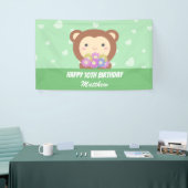 Cute Kawaii Monkey en Flowers Happy Birthday Spandoek (Beurs)